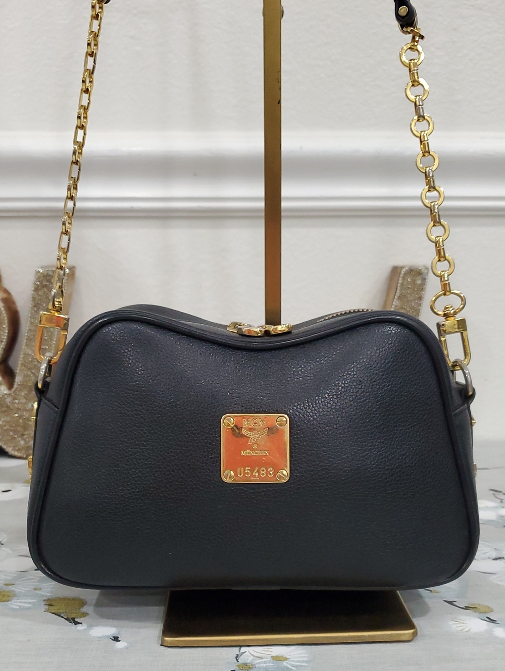 MCM Black Leather Crossbody Small Camera Bag with Gold Chain Strap